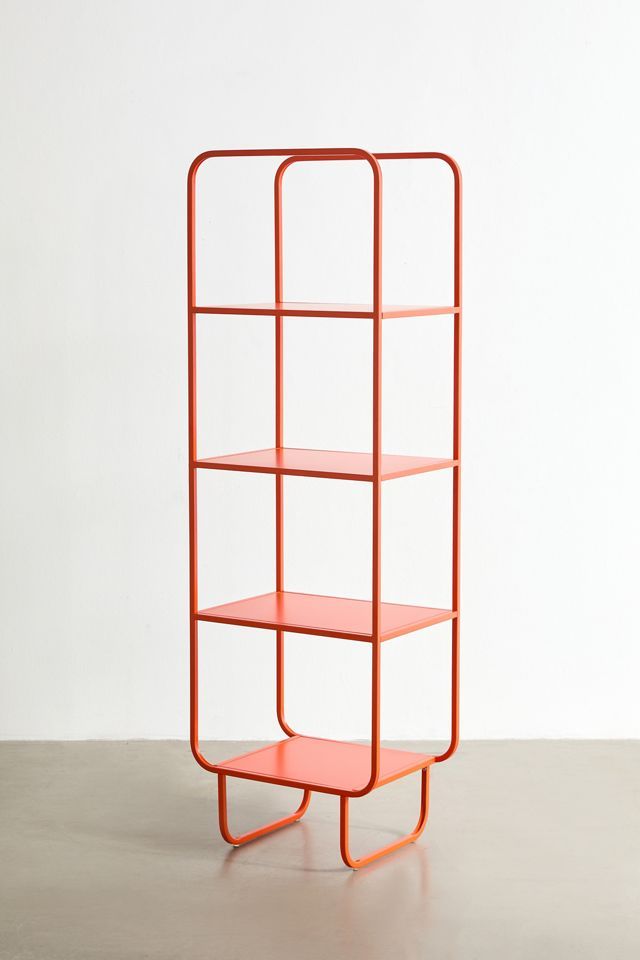 Orange metal Alana narrow storage shelf with four shelves. Modern shelving unit.