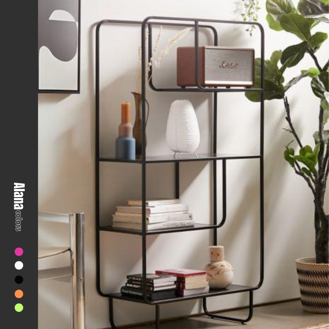 Black metal Alana bookshelf from Urban Outfitters, displaying books, vases, and a speaker. Modern open shelving unit for home decor and storage in Lebanon.