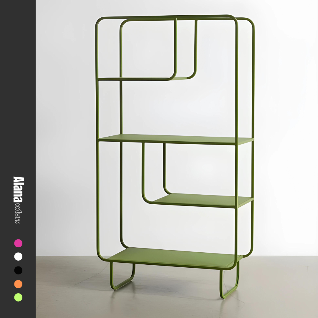 Green metal Alana bookshelf from Urban Outfitters, displaying books, vases, and a speaker. Modern open shelving unit for home decor and storage in Lebanon.