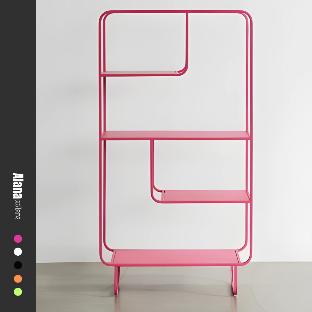 Pink metal Alana bookshelf from Urban Outfitters, displaying books, vases, and a speaker. Modern open shelving unit for home decor and storage in Lebanon.