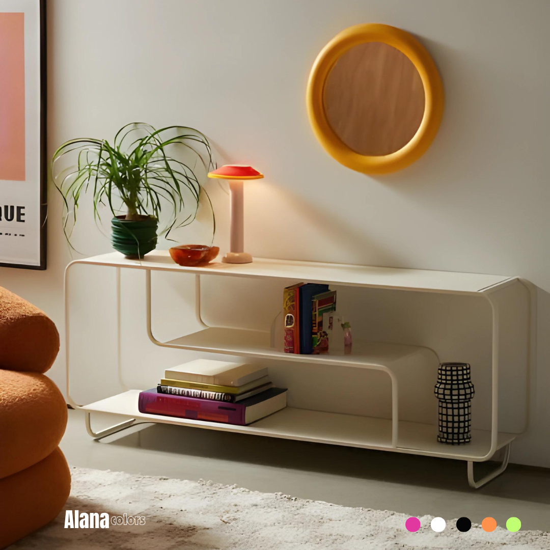 The Alana TV unit: modern design meets practical storage. Elevate your living room with its sleek metal frame and open shelving.