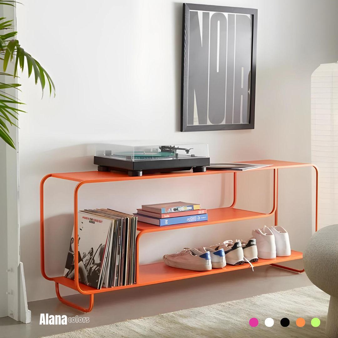 The Alana TV unit: modern design meets practical storage. Elevate your living room with its sleek metal frame and open shelving.