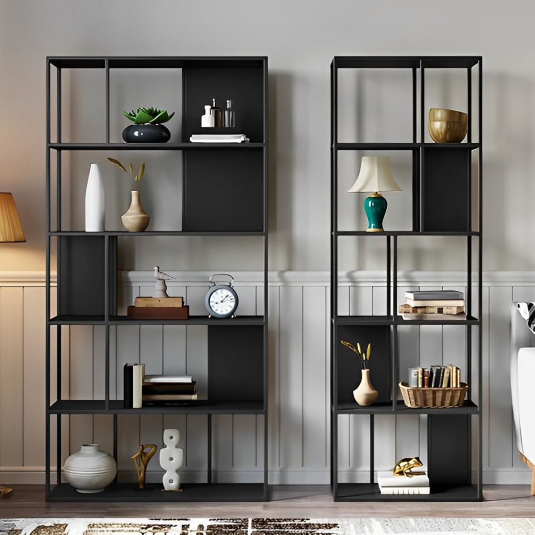 Modern duo bookshelf set by B. Metal Solutions and Engineering, black metal frame with modular open shelves, displaying books and decorative items