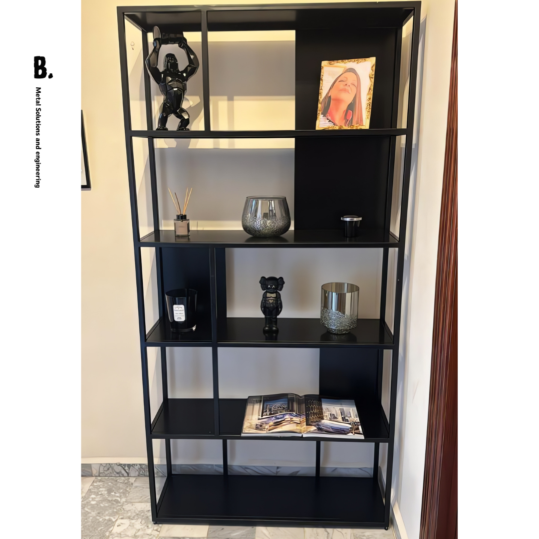Modern Duo bookshelf set by Black. Metal Solutions and Engineering, black metal frame with modular open shelves, displaying books and decorative items