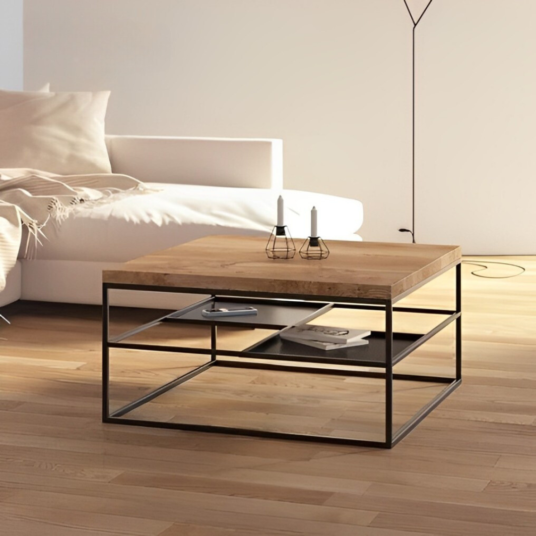 A square coffee table with a wooden top and a black metal frame with integrated shelves for storage and display.