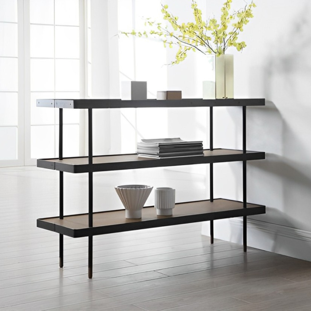 Gabriel 3-Tier Display Shelf in black and wood, featuring three levels for stylish storage and display of vases, books, and decorative objects.