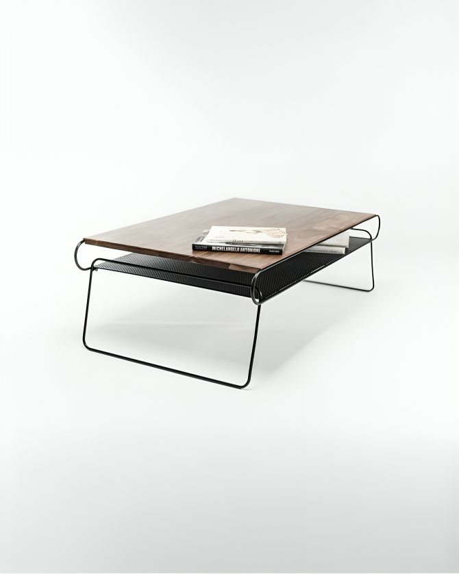 Close-up of HAY Mags Coffee Table. Detail of light wood tabletop, curved black metal frame, and black perforated metal shelf.