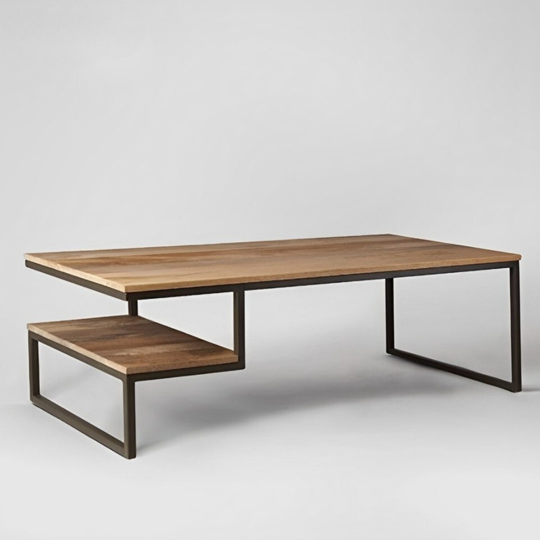 A stylish coffee table with two tiers: a larger rectangular wooden surface and a smaller, lower wooden shelf supported by a black metal structure.