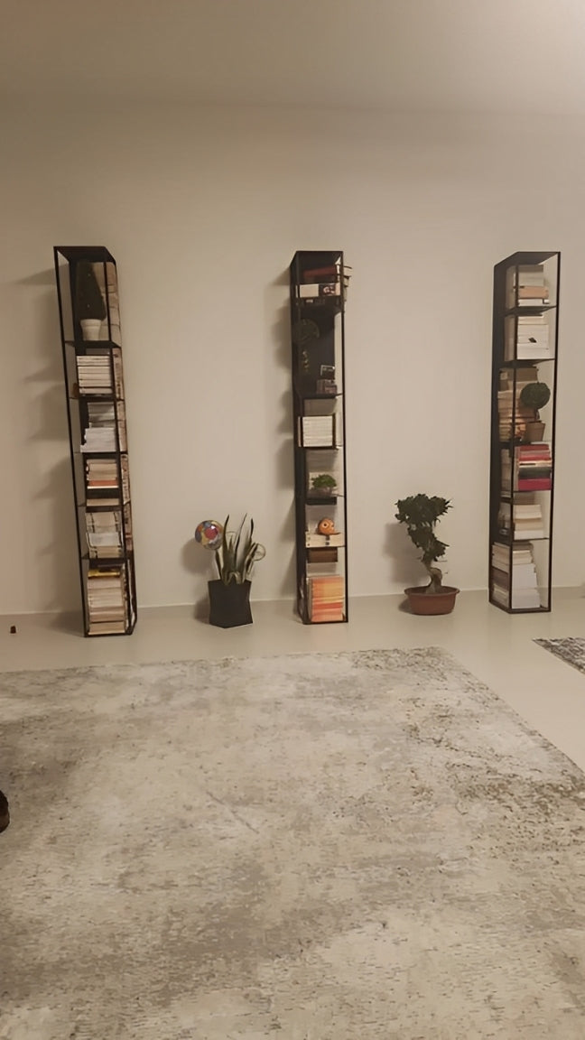 Contemporary black metal modular bookcase, open shelving design. Styled with books and vases. Ideal for modern Lebanese homes, with a framed abstract artwork.
