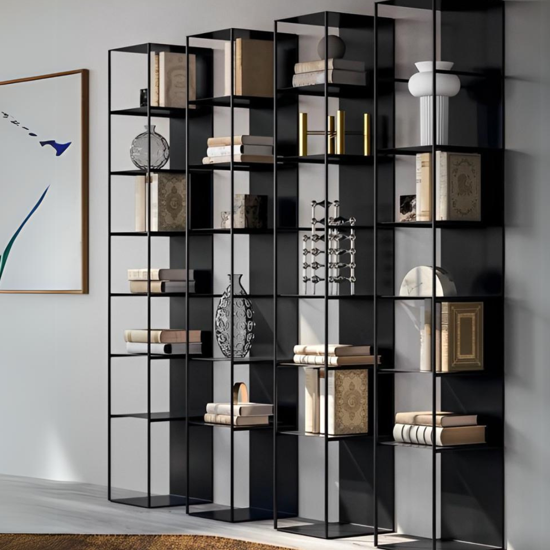 Black metal modular bookshelf with multiple shelves, displaying books and decorative objects,Modern shelving.
