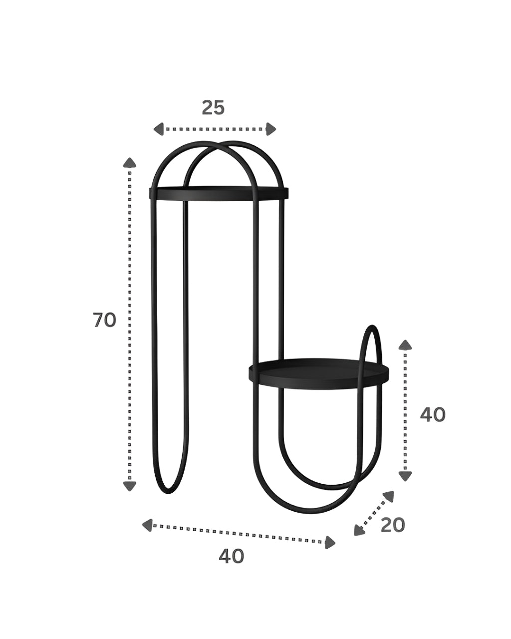 Modern black metal plant shelf with a thin, curved frame. The shelf has two tiers: a small round shelf on the right and a taller rectangular shelf on the left.