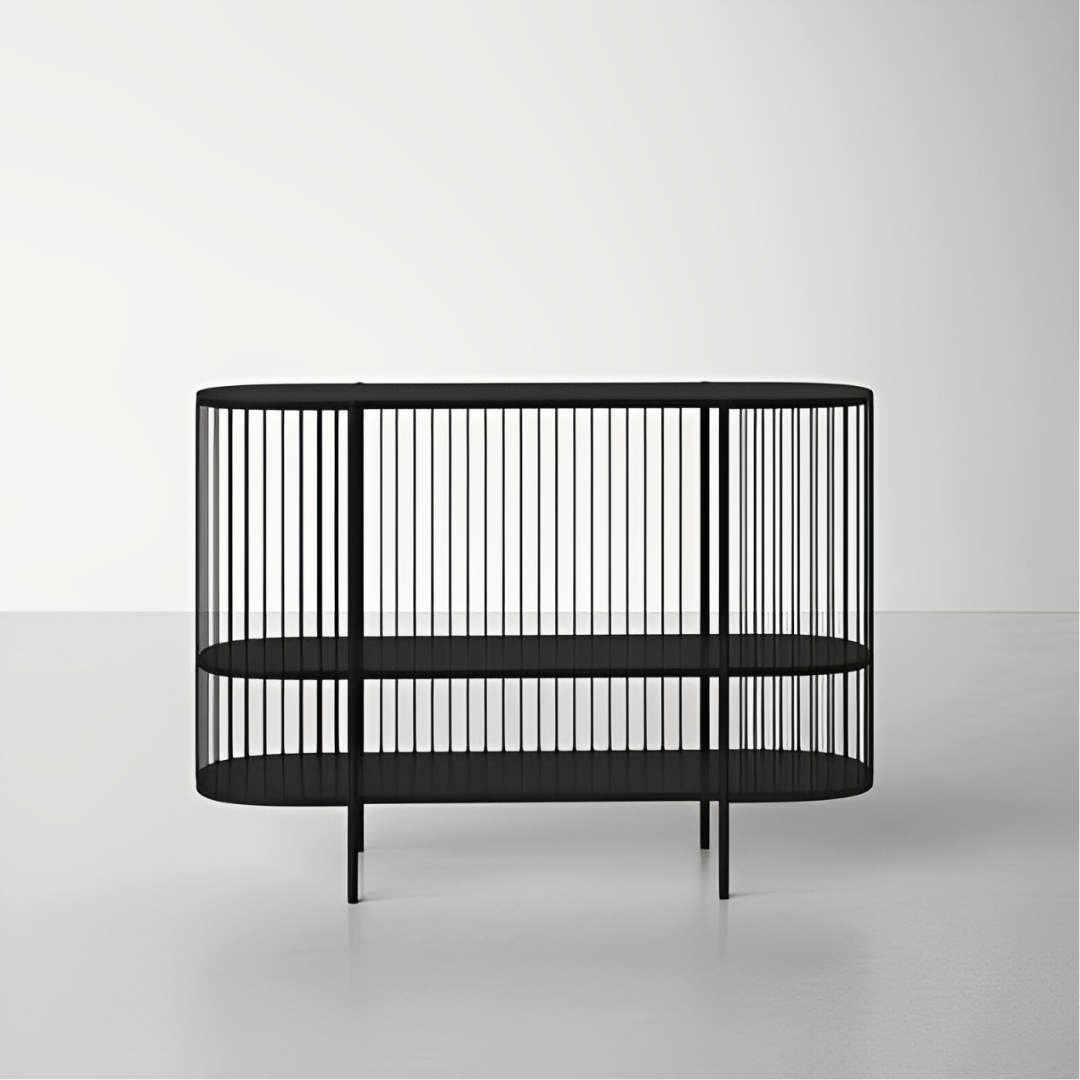 Modern black oval console table with a vertical rod design and two display shelves.