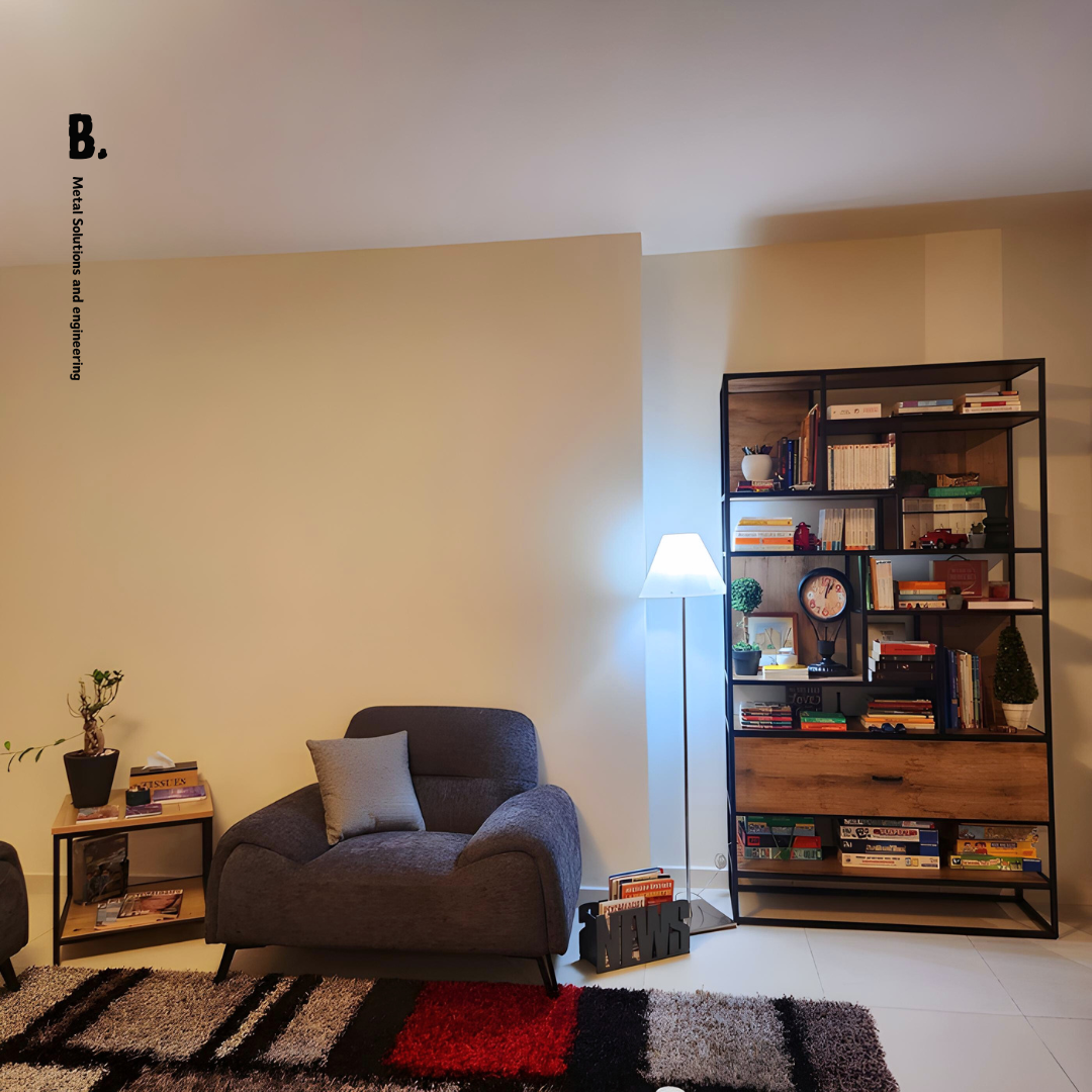 Noah bookshelf, black metal frame, wood shelves, open shelving. Lebanon home decor. Modern industrial storage unit with books and games.