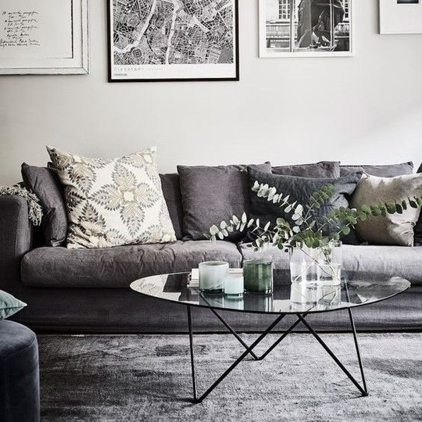 A stylish oval-shaped coffee table with a transparent glass surface and a unique black wireframe base.